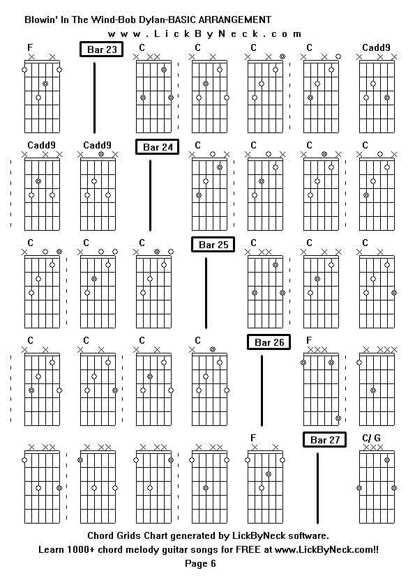 Chord Grids Chart of chord melody fingerstyle guitar song-Blowin' In The Wind-Bob Dylan-BASIC ARRANGEMENT,generated by LickByNeck software.